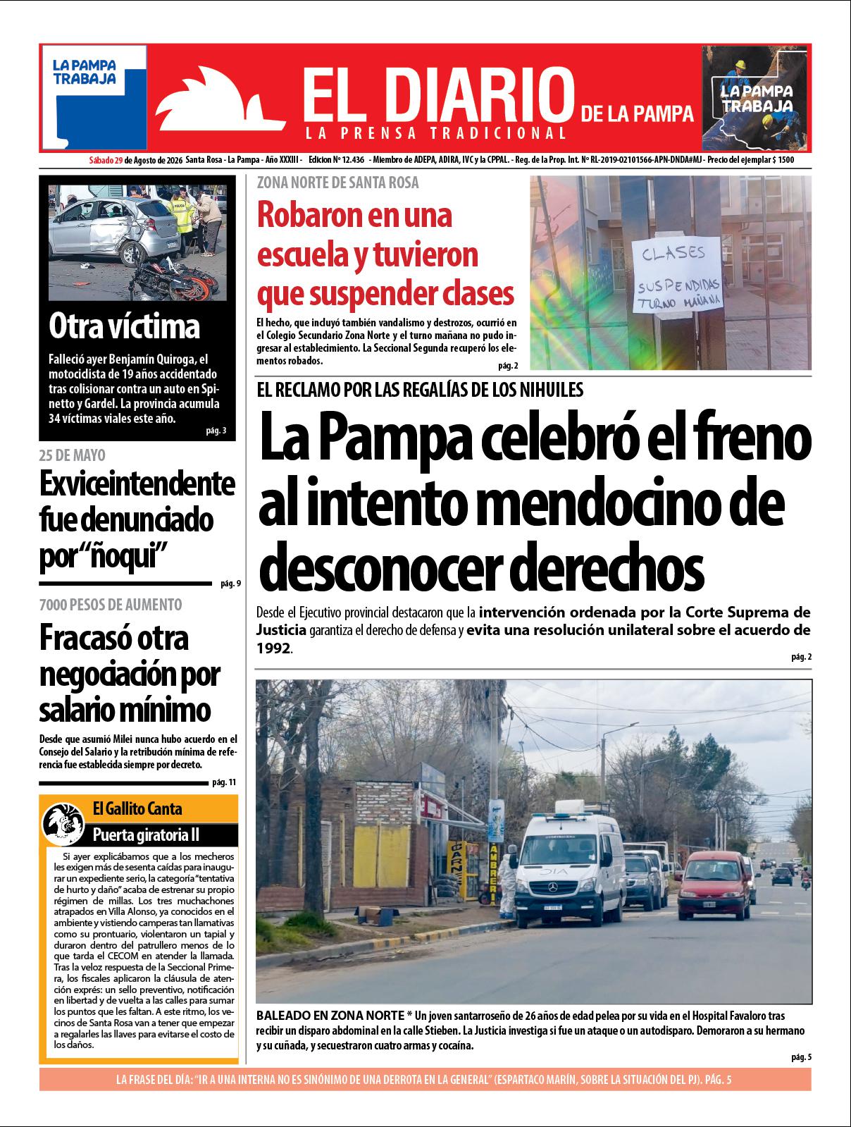Tapa de El Diario en papel  saacutebado 29 de agosto de 2026